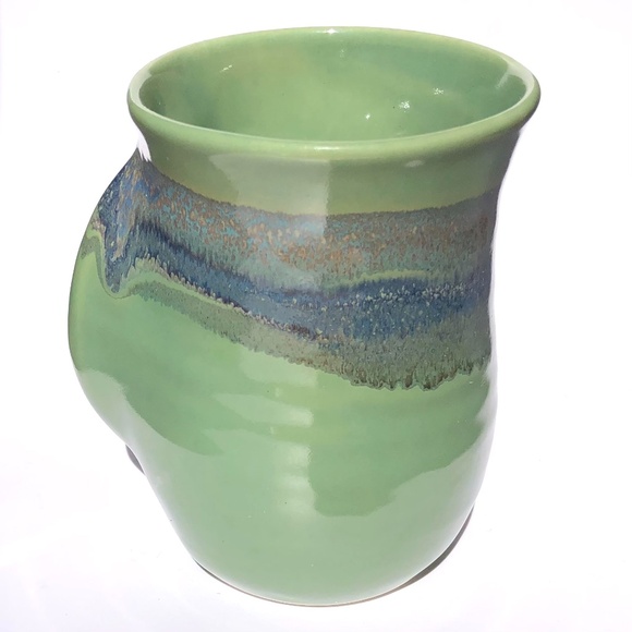 Left Handed Mug Neher Signed Pottery Green Blue Drip Glossy Glaze 2017 Tall Cup - Picture 3 of 15